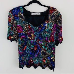 Vintage 80s Multi Sequined Beaded Silk Top Large